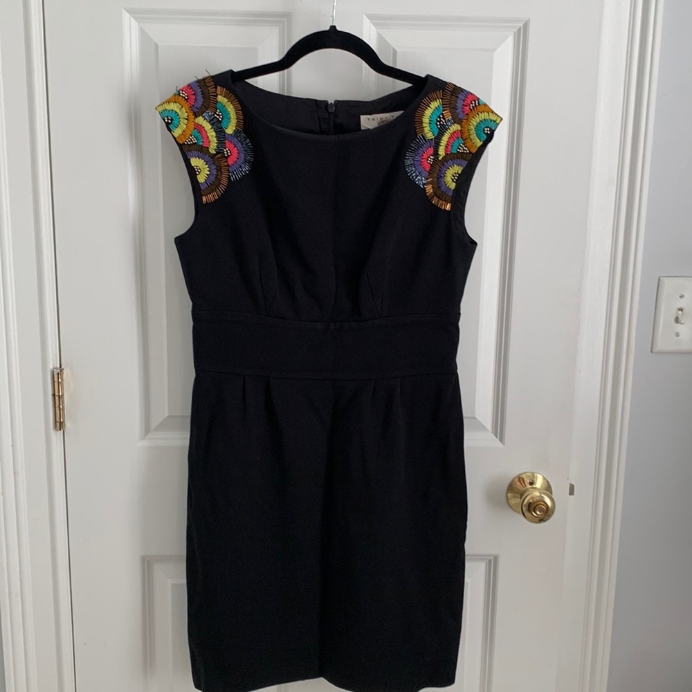 Trina Turk black dress with stitched and beaded shoulders